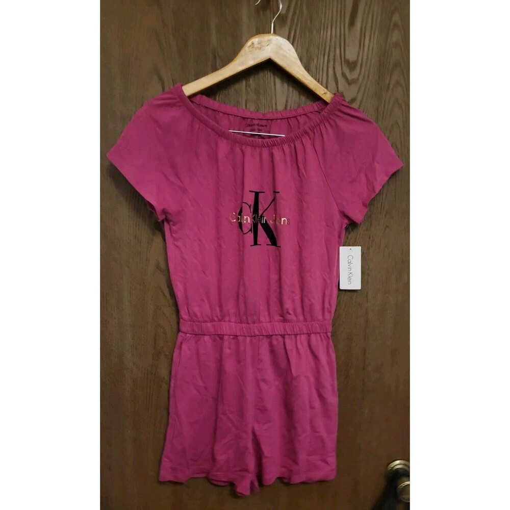 Calvin Klein Girls’ LOGO V-Neck ROMPER Pink Rose Violet Size Large (12-14)